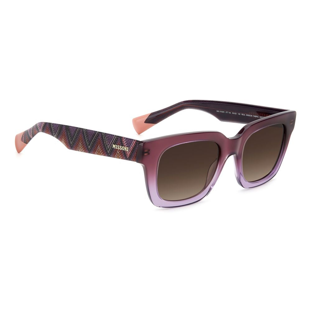 Purple Acetate SunglassesSUNGLASSES MISSONI WOMEN MIS0103S0T7HA (Lens/Bridge/Temple) 50/20/140 mm.Material: ACETATE.Colour: PURPLE.Measures (Lens/Bridge/Temple): 50/20/140mm.BROWN.Alder, iconic and unmistably Missoni: Missoni’s Fabric Collection is a fun