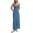Blue Cotton Long DressDiscover the contemporary elegance of the Calvin Klein Jeans STRAPLESS MAXI DRESS J20J223742. This strapless dress features a straight and elongated fit, enhanced by a front button closure that adds a modern and sophisticated touch.