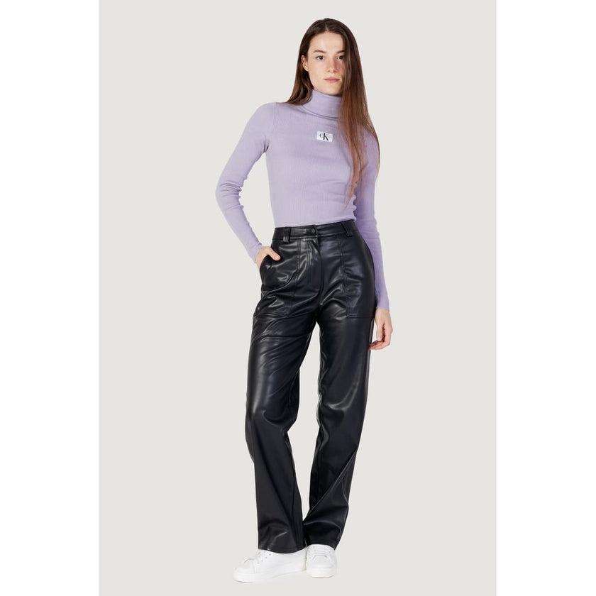 Black Recycled Polyester PantThe Calvin Klein Jeans J20J221385 – FAUX LEATHER HIGH regular-fit women’s trousers offer a contemporary and refined style choice. Crafted from high-quality faux leather, these trousers feature a straight leg and a high-waisted