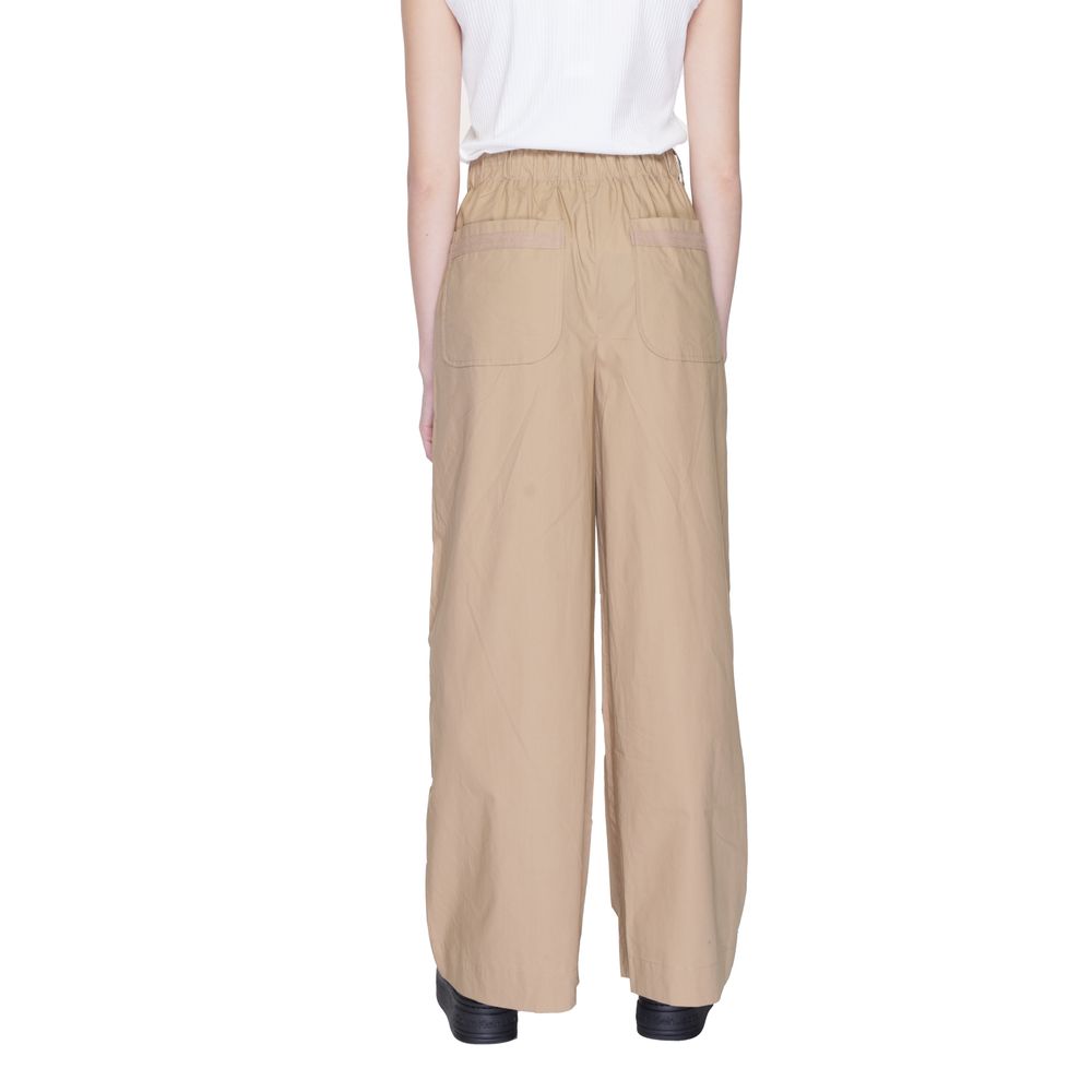 Beige Cotton Palazzo Pants with Drawstring Waist