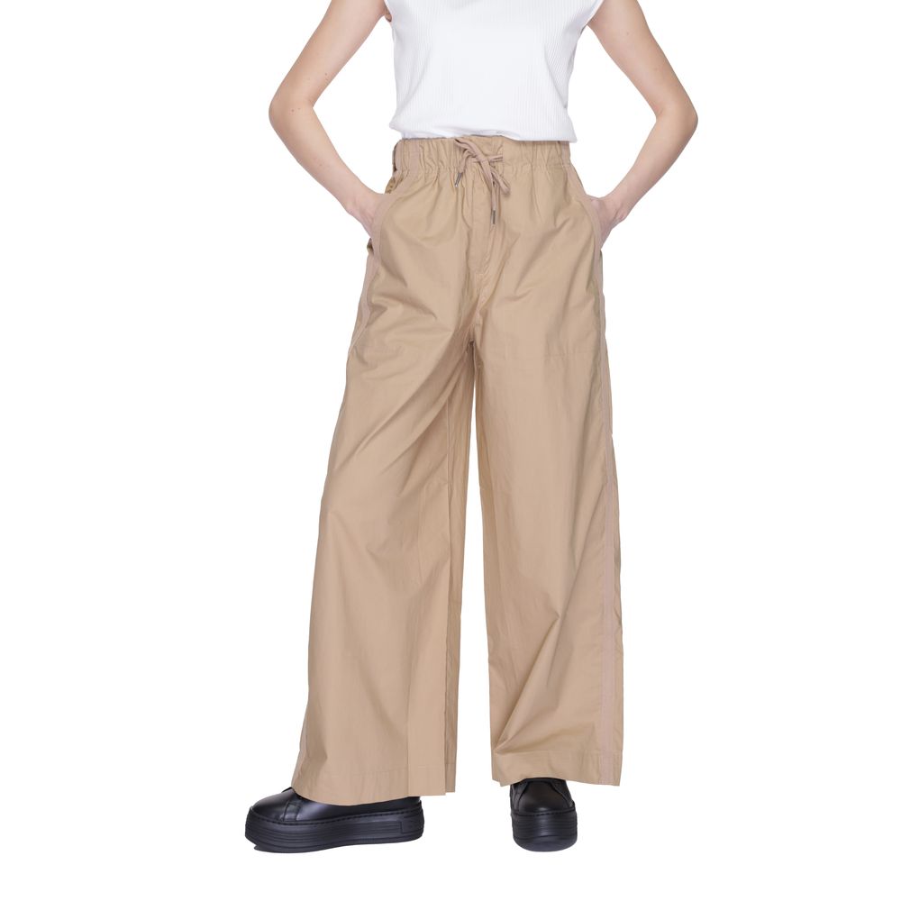 Beige Cotton Palazzo Pants with Drawstring Waist
