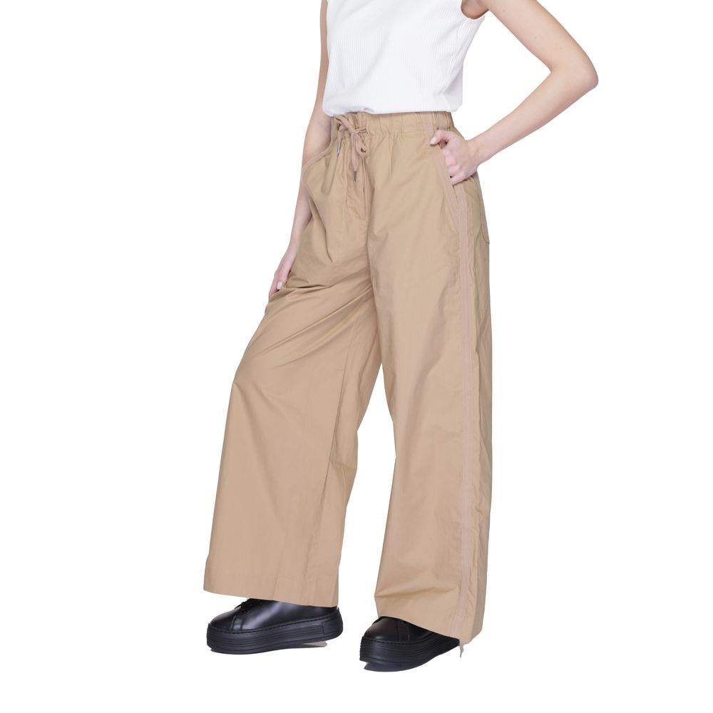 Beige Cotton Palazzo Pants with Drawstring Waist