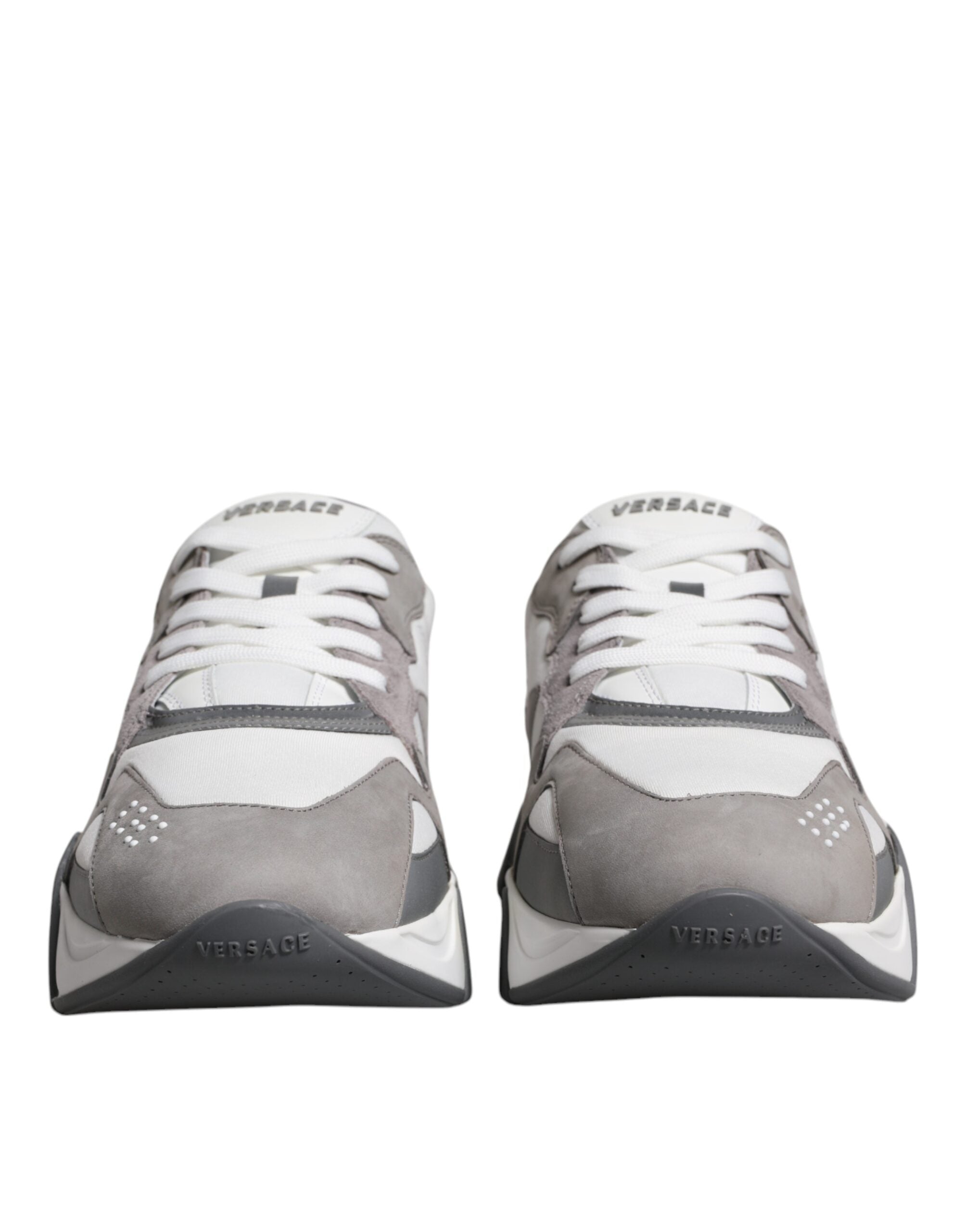 Grey Leather Neoprene Chunky Low Top Squalo Sneakers ShoesVERSACE Gorgeous brand new with tags, 100% Authentic VERSACE Squalo gray leather mesh chunky sneakers. Model: Low-top sneakers Colour: Grey Material: 60% CO 40% VL Rubber sole Lace up closure Logo