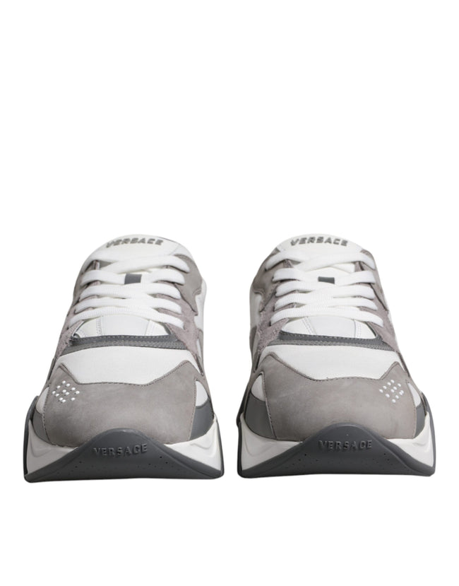 Grey Leather Neoprene Chunky Low Top Squalo Sneakers ShoesVERSACE Gorgeous brand new with tags, 100% Authentic VERSACE Squalo gray leather mesh chunky sneakers. Model: Low-top sneakers Colour: Grey Material: 60% CO 40% VL Rubber sole Lace up closure Logo