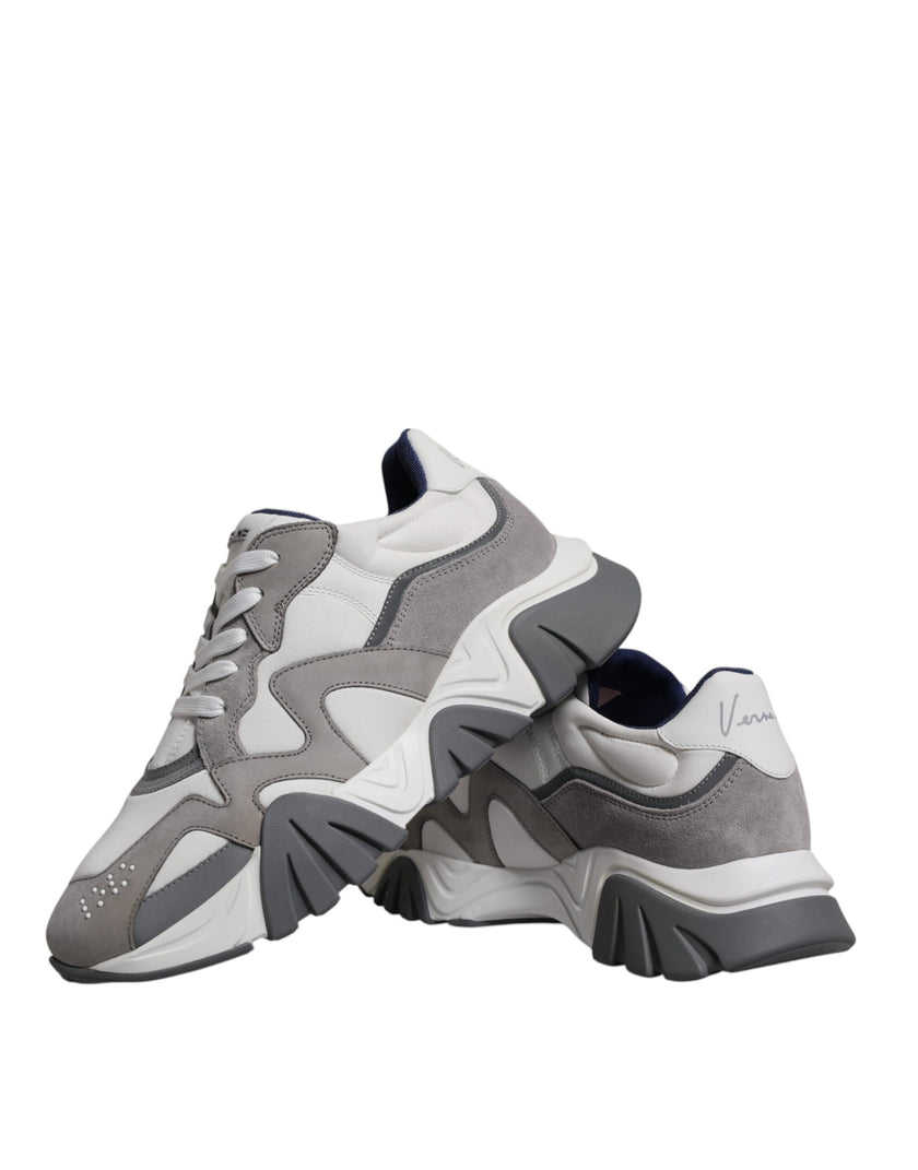 Grey Leather Neoprene Chunky Low Top Squalo Sneakers ShoesVERSACE Gorgeous brand new with tags, 100% Authentic VERSACE Squalo gray leather mesh chunky sneakers. Model: Low-top sneakers Colour: Grey Material: 60% CO 40% VL Rubber sole Lace up closure Logo