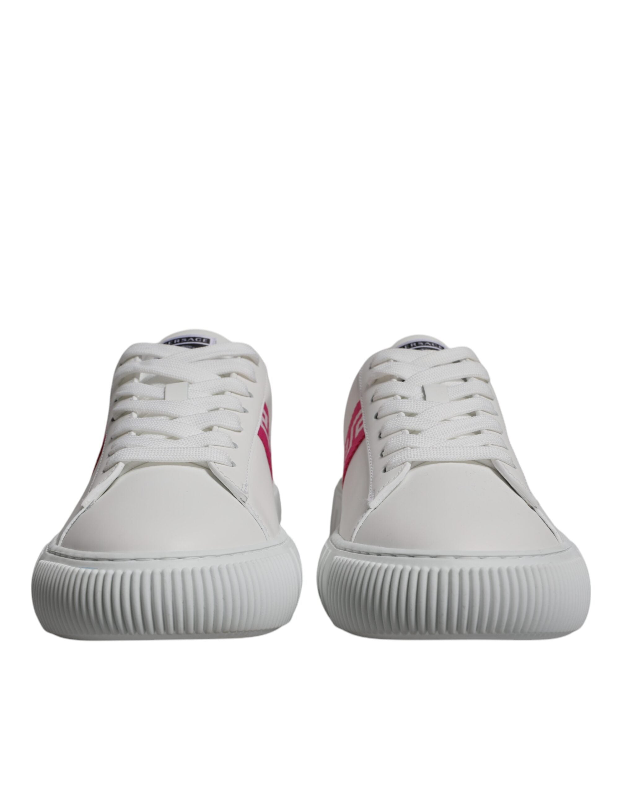 White Pink Greca Print Platform Low Top Sneakers ShoesVERSACE Gorgeous brand new with tags, 100% Authentic VERSACE white/pink leather two-tone design signature Greca detailing logo patch at the tongue almond toe front lace-up fastening platform sole. Mode