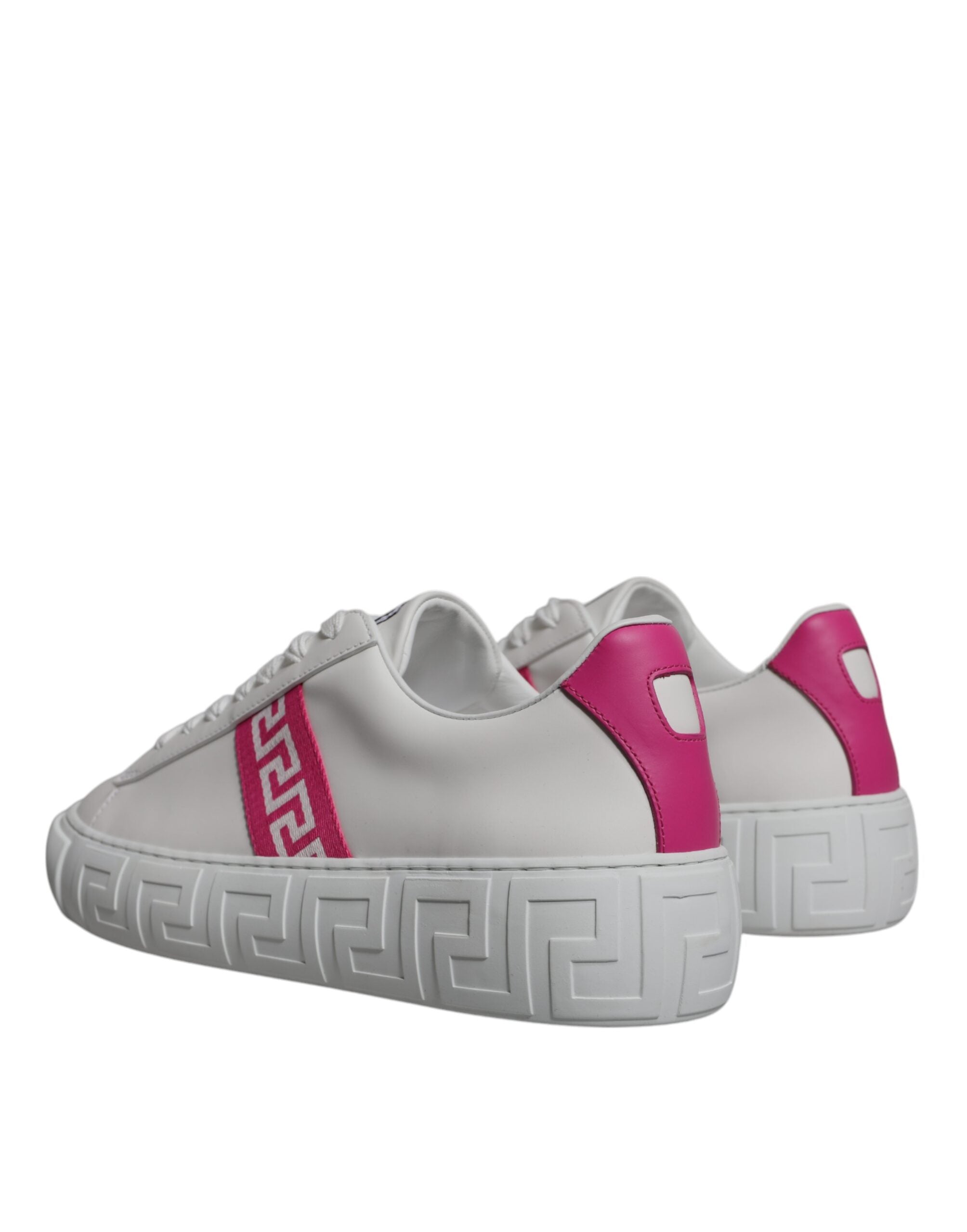 White Pink Greca Print Platform Low Top Sneakers ShoesVERSACE Gorgeous brand new with tags, 100% Authentic VERSACE white/pink leather two-tone design signature Greca detailing logo patch at the tongue almond toe front lace-up fastening platform sole. Mode
