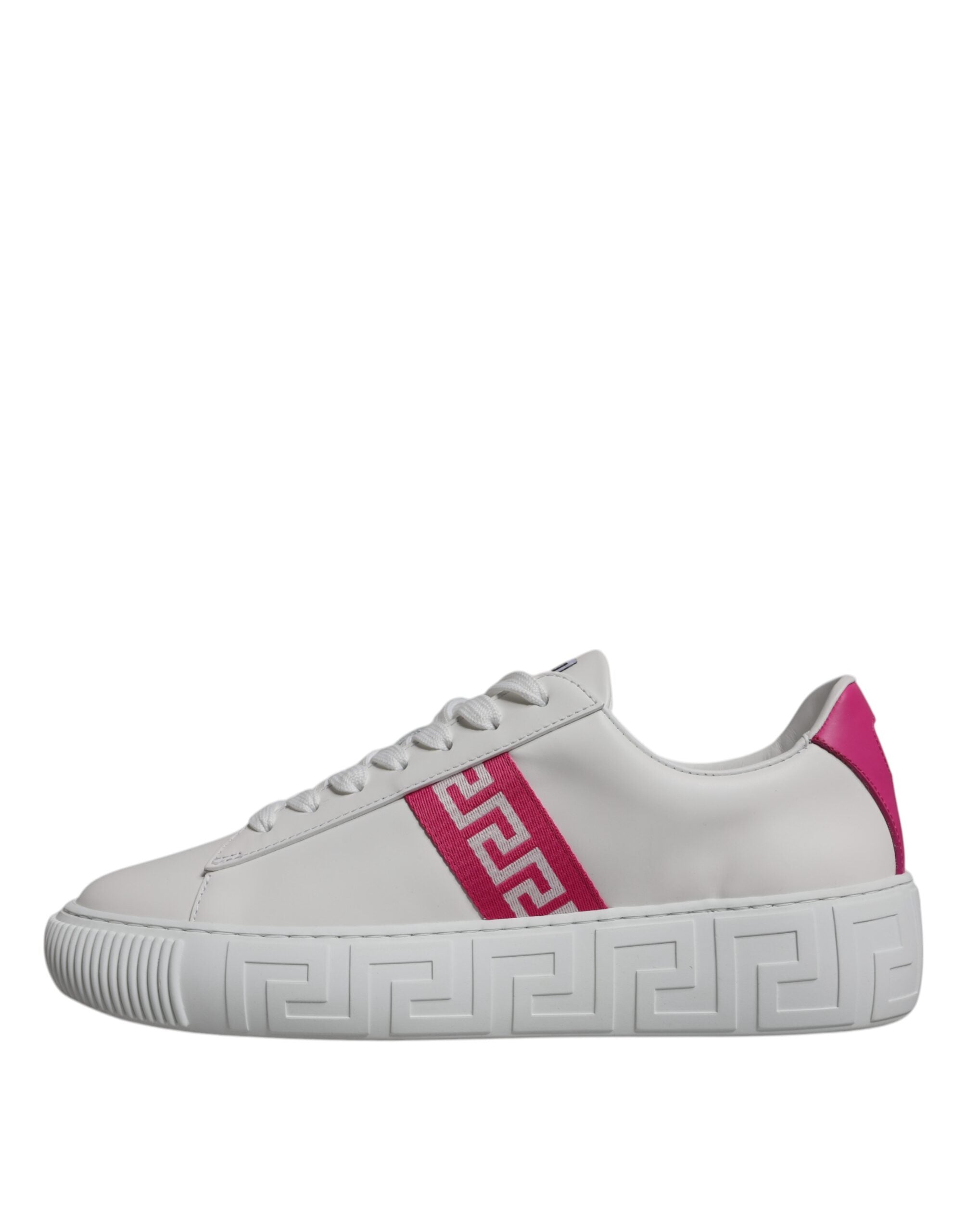 White Pink Greca Print Platform Low Top Sneakers ShoesVERSACE Gorgeous brand new with tags, 100% Authentic VERSACE white/pink leather two-tone design signature Greca detailing logo patch at the tongue almond toe front lace-up fastening platform sole. Mode