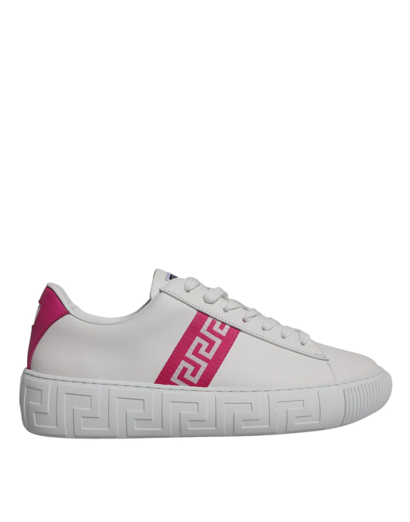 White Pink Greca Print Platform Low Top Sneakers ShoesVERSACE Gorgeous brand new with tags, 100% Authentic VERSACE white/pink leather two-tone design signature Greca detailing logo patch at the tongue almond toe front lace-up fastening platform sole. Mode