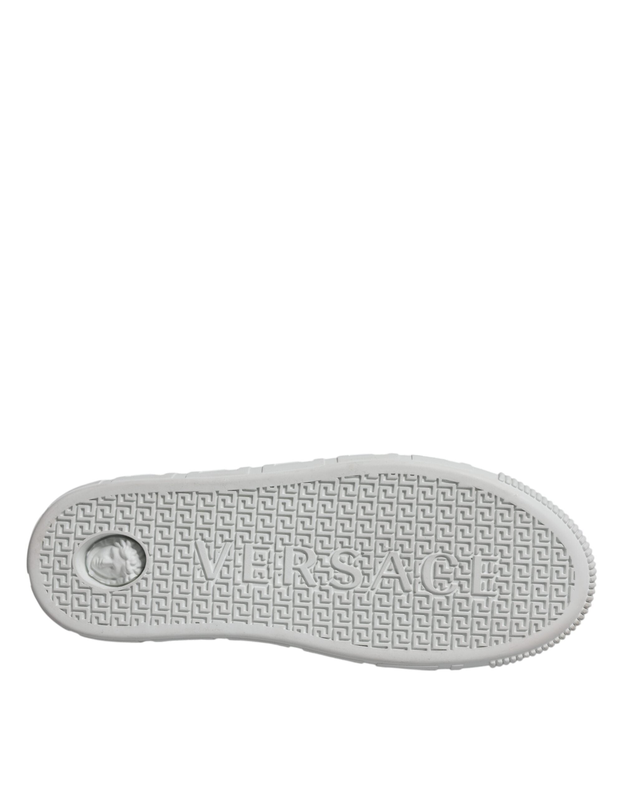White Pink Greca Print Platform Low Top Sneakers ShoesVERSACE Gorgeous brand new with tags, 100% Authentic VERSACE white/pink leather two-tone design signature Greca detailing logo patch at the tongue almond toe front lace-up fastening platform sole. Mode