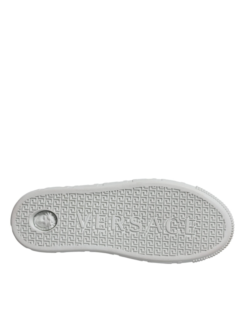 White Pink Greca Print Platform Low Top Sneakers ShoesVERSACE Gorgeous brand new with tags, 100% Authentic VERSACE white/pink leather two-tone design signature Greca detailing logo patch at the tongue almond toe front lace-up fastening platform sole. Mode