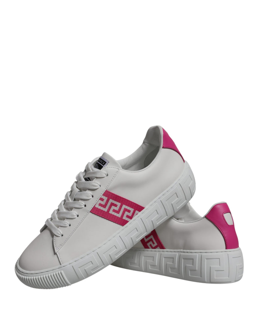 White Pink Greca Print Platform Low Top Sneakers ShoesVERSACE Gorgeous brand new with tags, 100% Authentic VERSACE white/pink leather two-tone design signature Greca detailing logo patch at the tongue almond toe front lace-up fastening platform sole. Mode