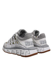 White Trigreca Barocco Print Low Top Sneakers ShoesVERSACE Gorgeous brand new with tags, 100% Authentic VERSACE Barocco Trigreca sneakers. Harnessing their signature aesthetic, these timeless shoes feature a distinctive three-dimensional Greca pattern. Mo
