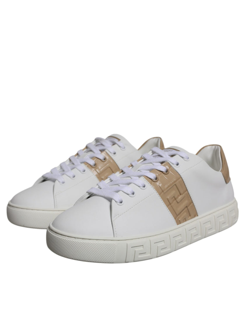 White Brown Greca Print TPU Low Top Men Sneakers ShoesVERSACE Gorgeous brand new with tags, 100% Authentic VERSACE white/brown leather two-tone design signature Greca detailing logo patch at the tongue almond toe front lace-up fastening platform sole. Mod