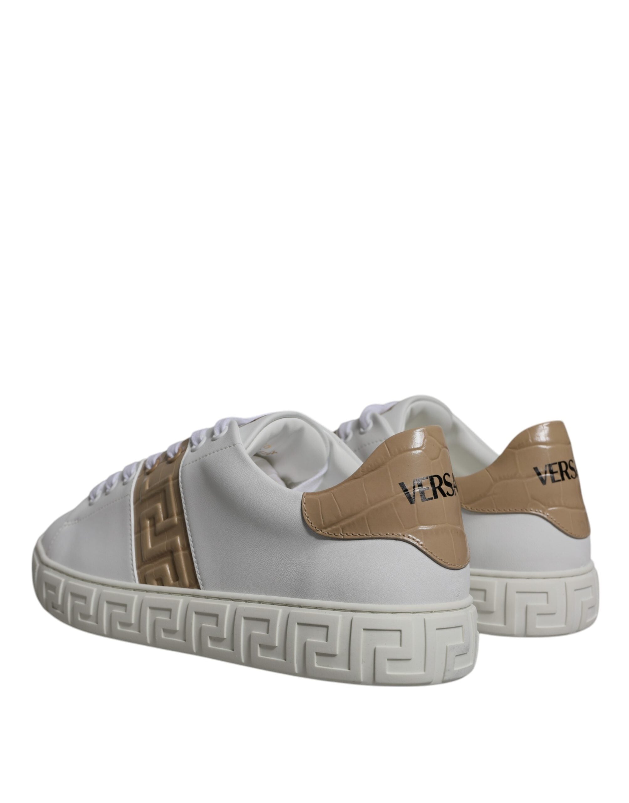 Weiße, braune Leder-Sneaker mit Greca-Print und niedrigem Schaft
