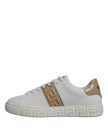 White Brown Greca Print TPU Low Top Men Sneakers ShoesVERSACE Gorgeous brand new with tags, 100% Authentic VERSACE white/brown leather two-tone design signature Greca detailing logo patch at the tongue almond toe front lace-up fastening platform sole. Mod