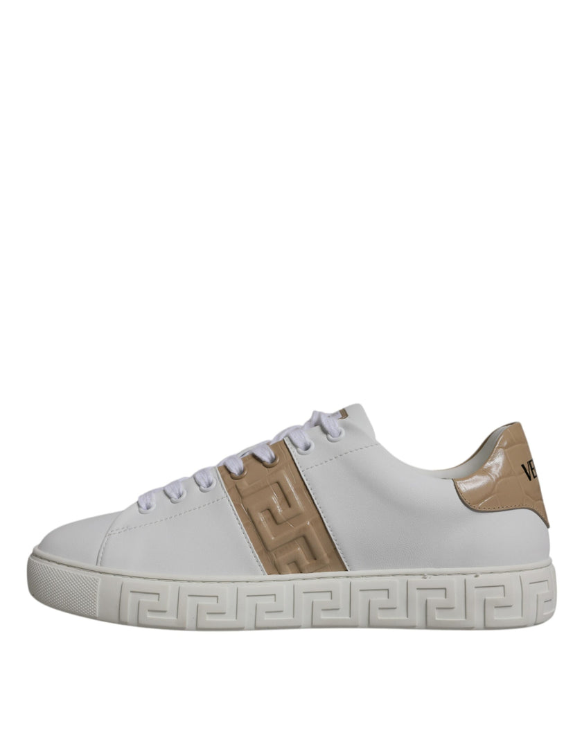 White Brown Greca Print TPU Low Top Men Sneakers ShoesVERSACE Gorgeous brand new with tags, 100% Authentic VERSACE white/brown leather two-tone design signature Greca detailing logo patch at the tongue almond toe front lace-up fastening platform sole. Mod
