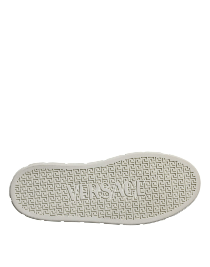 White Brown Greca Print TPU Low Top Men Sneakers ShoesVERSACE Gorgeous brand new with tags, 100% Authentic VERSACE white/brown leather two-tone design signature Greca detailing logo patch at the tongue almond toe front lace-up fastening platform sole. Mod