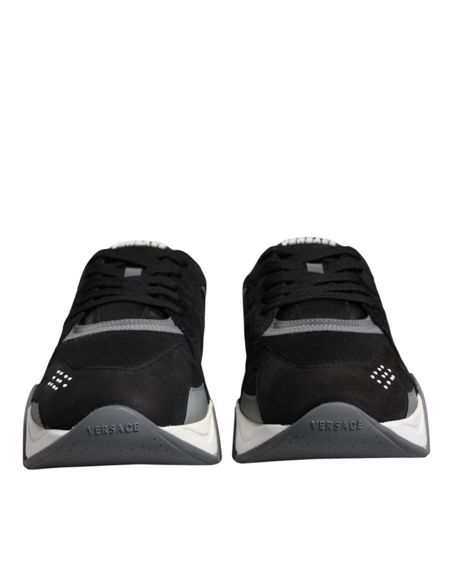 Black Leather Neoprene Chunky Low Top Sneakers Squalo ShoesVERSACE Gorgeous brand new with tags, 100% Authentic VERSACE Squalo black leather mesh chunky sneakers. Model: Low-top sneakers Colour: Black Material: 60% CO 40% VL Rubber sole Lace up closure Lo