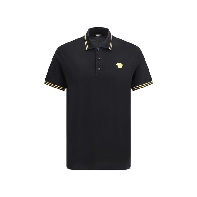 Black Cotton Polo ShirtCotton Polo Shirt by Versace, classic ribbed collar, tone-on-tone front buttons, iconic brand logo patch applied on front, regular fit. Season: AW25 Composition: 100% Cotton MADE IN TUNISIABlack Cotton Polo Shirt${tagsVersaceAulae B