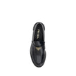 Black Leather Logo LoafersPrada’s Leather Loafers are a mix of classic elegance and distinctive details. The slightly elongated round toe and leather block heel ensure comfort and style. The iconic enameled triangular plaque with the brand’s signature app