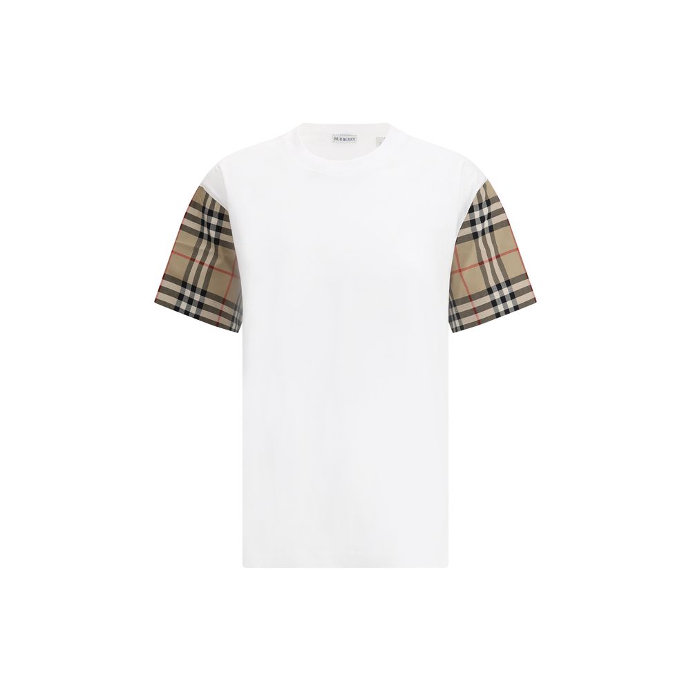 White Cotton T-ShirtBurberry’s Cotton Check Archive Sleeve T-shirt is a garment that combines comfort with distinctive style. Featuring a ribbed collar, this T-shirt features sleeves embellished with the iconic Archivio Check pattern, one of the brand’s h