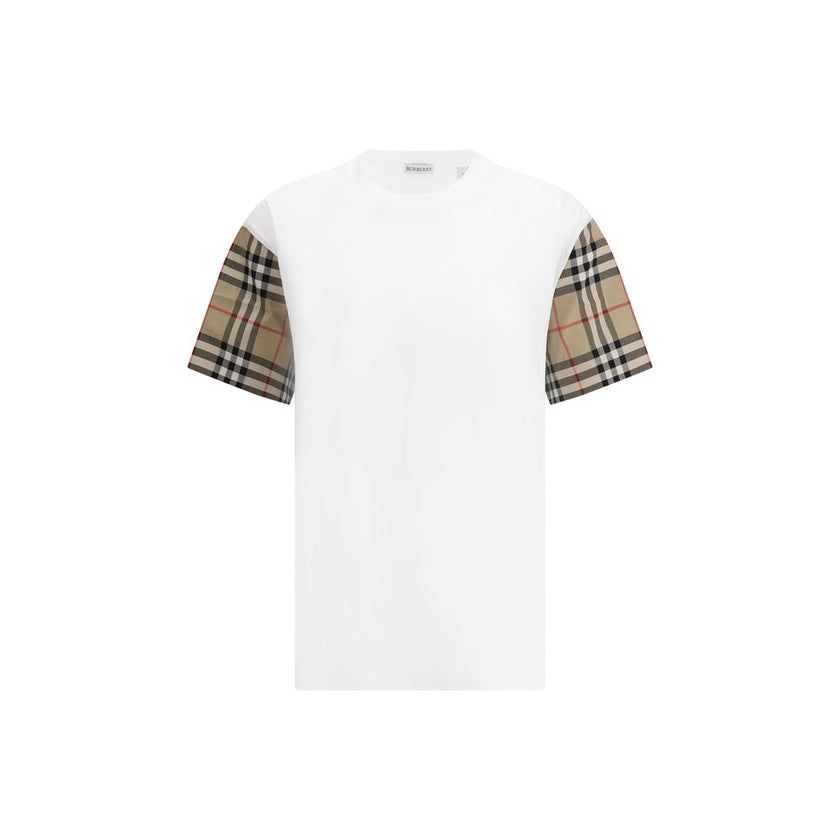White Cotton T-ShirtBurberry’s Cotton Check Archive Sleeve T-shirt is a garment that combines comfort with distinctive style. Featuring a ribbed collar, this T-shirt features sleeves embellished with the iconic Archivio Check pattern, one of the brand’s h
