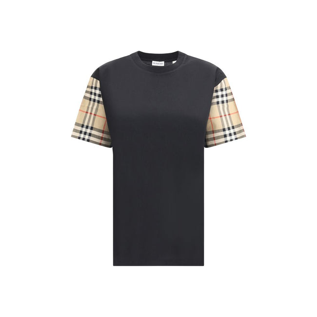 Black Cotton T-ShirtBurberry’s Cotton Check Archive Sleeve T-shirt is a garment that combines comfort with distinctive style. Featuring a ribbed collar, this T-shirt features sleeves embellished with the iconic Archivio Check pattern, one of the brand’s h
