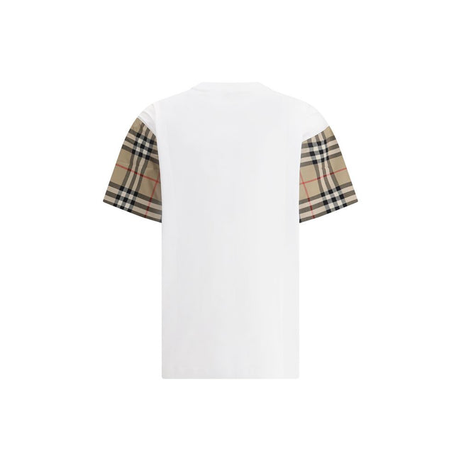 White Cotton T-ShirtBurberry’s Cotton Check Archive Sleeve T-shirt is a garment that combines comfort with distinctive style. Featuring a ribbed collar, this T-shirt features sleeves embellished with the iconic Archivio Check pattern, one of the brand’s h