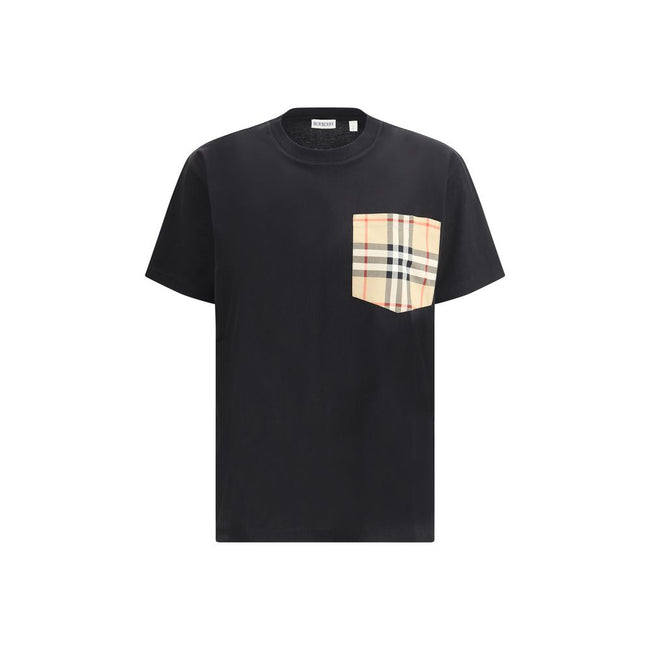 Black Cotton T-ShirtBurberry’s Archive Check pocket T-shirt features a ribbed crew neck and an applique pocket on the front with the historic Archive Check pattern. The rest of the garment features an all-over monochrome pattern for a modern and versatile