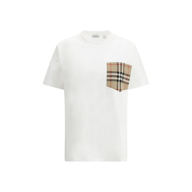 White Cotton T-ShirtBurberry’s Archive Check pocket T-shirt features a ribbed crew neck and an applique pocket on the front with the historic Archive Check pattern. The rest of the garment features an all-over monochrome pattern for a modern and versatile