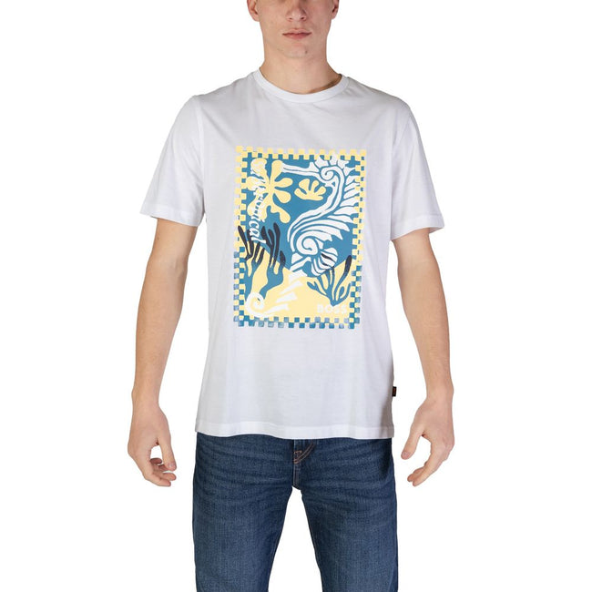 White Cotton T-ShirtThis men’s short-sleeved t-shirt by Boss, model 10249510 50516003, is crafted from 100% high-quality cotton, ensuring a soft and comfortable feel against the skin. It features a distinctive artistic graphic print on the front, showcasi