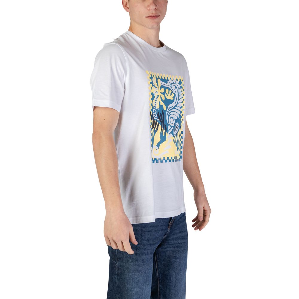 White Cotton T-ShirtThis men’s short-sleeved t-shirt by Boss, model 10249510 50516003, is crafted from 100% high-quality cotton, ensuring a soft and comfortable feel against the skin. It features a distinctive artistic graphic print on the front, showcasi