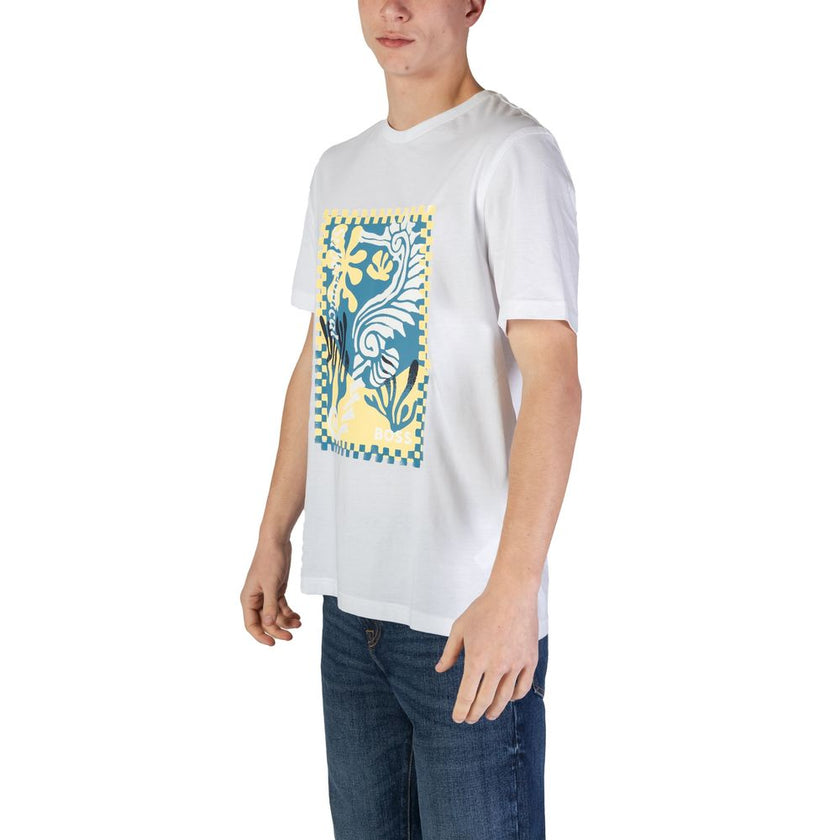 White Cotton T-ShirtThis men’s short-sleeved t-shirt by Boss, model 10249510 50516003, is crafted from 100% high-quality cotton, ensuring a soft and comfortable feel against the skin. It features a distinctive artistic graphic print on the front, showcasi