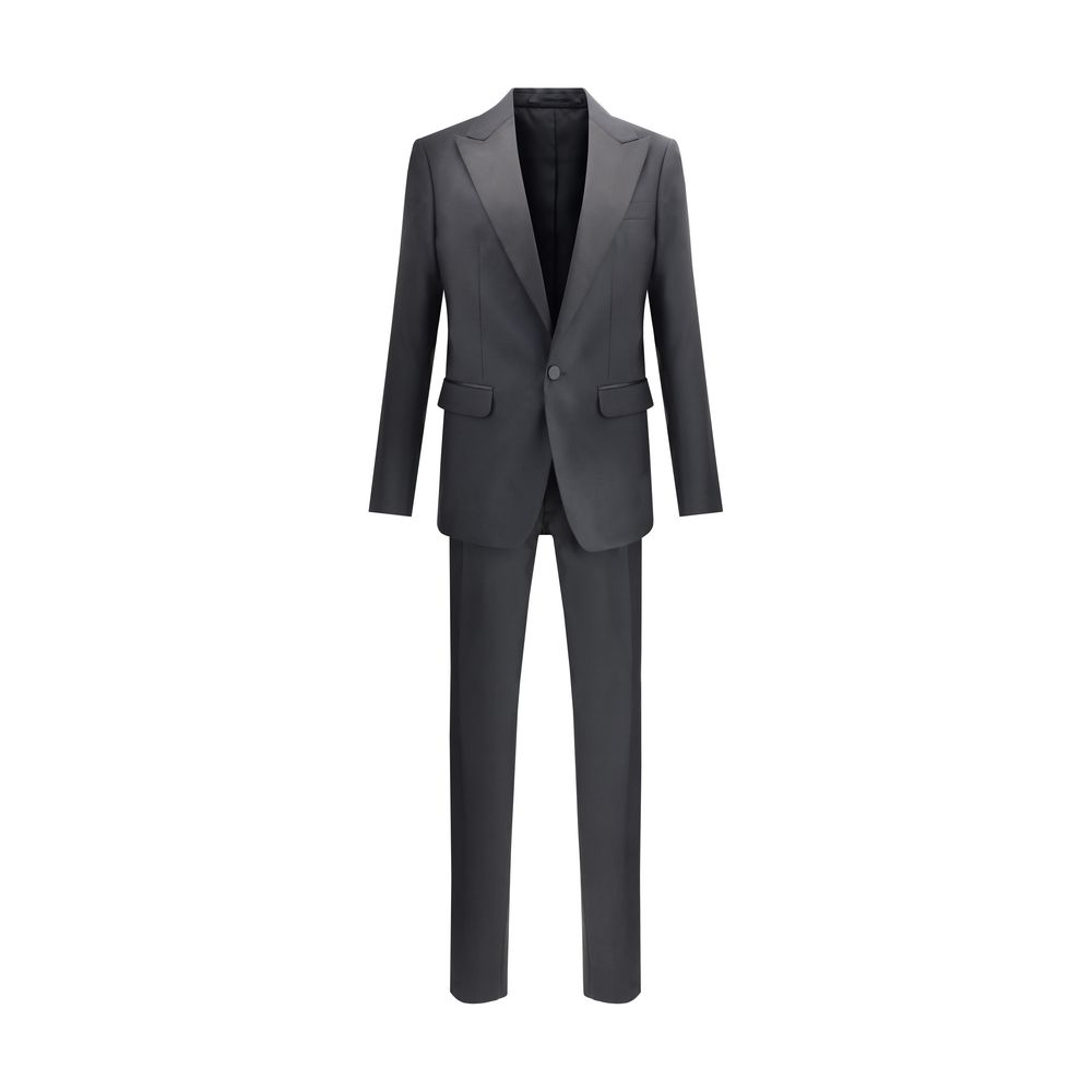 Black Fleece Wool Two-Piece SuitThe London virgin wool Suit by Dsquared2 is a tailored proposal with an impeccable cut and refined style. The blazer jacket, made of pure wool, features a single button front closure, peak lapels, two flap welt pockets on t