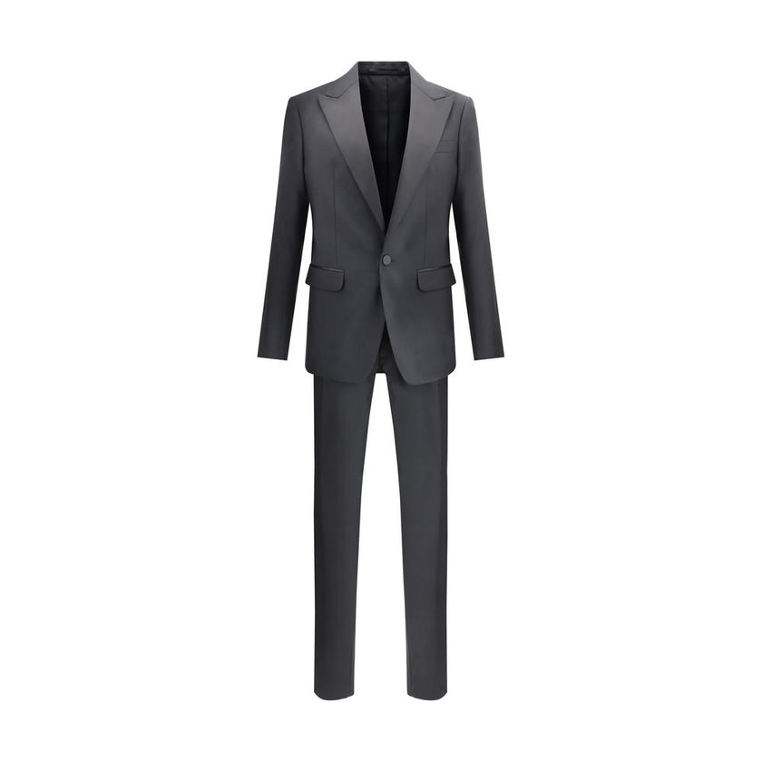 Black Fleece Wool Two-Piece SuitThe London virgin wool Suit by Dsquared2 is a tailored proposal with an impeccable cut and refined style. The blazer jacket, made of pure wool, features a single button front closure, peak lapels, two flap welt pockets on t