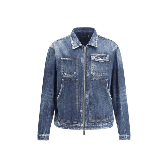 Blue Cotton Denim JacketDenim Carpenter Jean jacket from Dsquared2, classic collar, front zipper closure, two maxi patch pockets on front, two patch pockets with flap and buttons on front, worn vintage effect design, brand monogram printed on front. Seaso