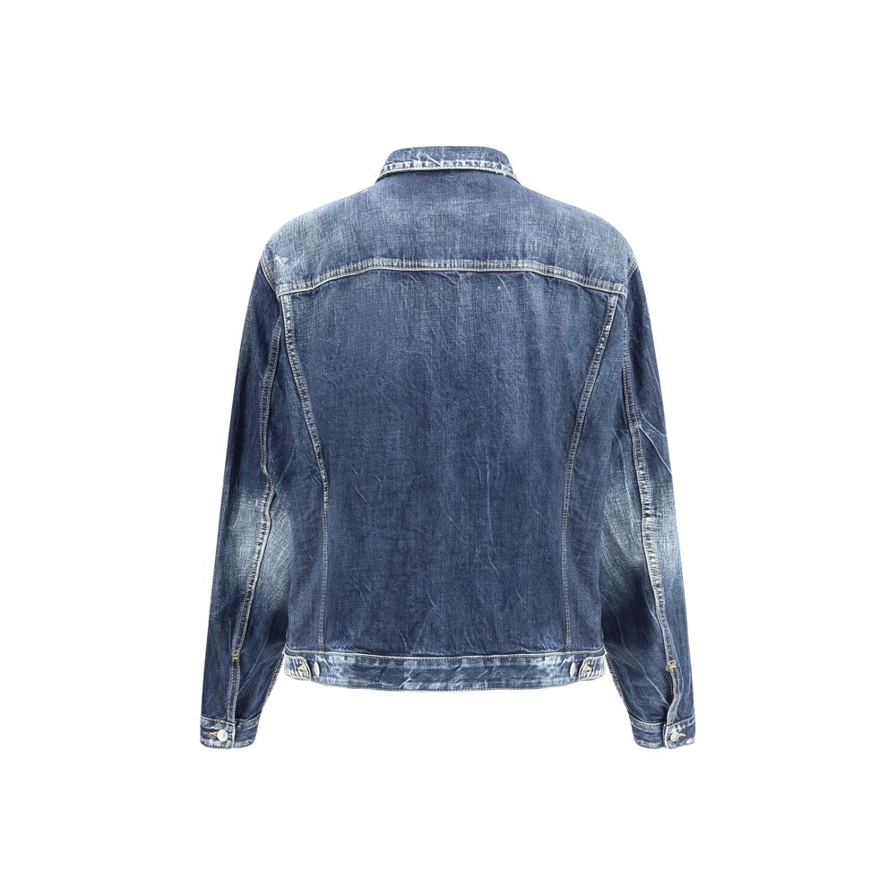 Blue Cotton Denim JacketDenim Carpenter Jean jacket from Dsquared2, classic collar, front zipper closure, two maxi patch pockets on front, two patch pockets with flap and buttons on front, worn vintage effect design, brand monogram printed on front. Seaso