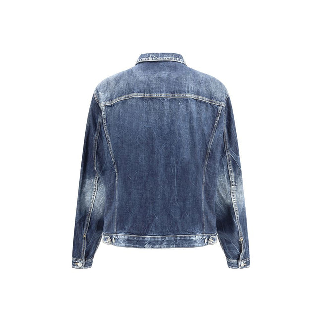 Blue Cotton Denim JacketDenim Carpenter Jean jacket from Dsquared2, classic collar, front zipper closure, two maxi patch pockets on front, two patch pockets with flap and buttons on front, worn vintage effect design, brand monogram printed on front. Seaso