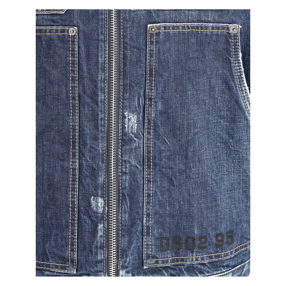 Blue Cotton Denim JacketDenim Carpenter Jean jacket from Dsquared2, classic collar, front zipper closure, two maxi patch pockets on front, two patch pockets with flap and buttons on front, worn vintage effect design, brand monogram printed on front. Seaso