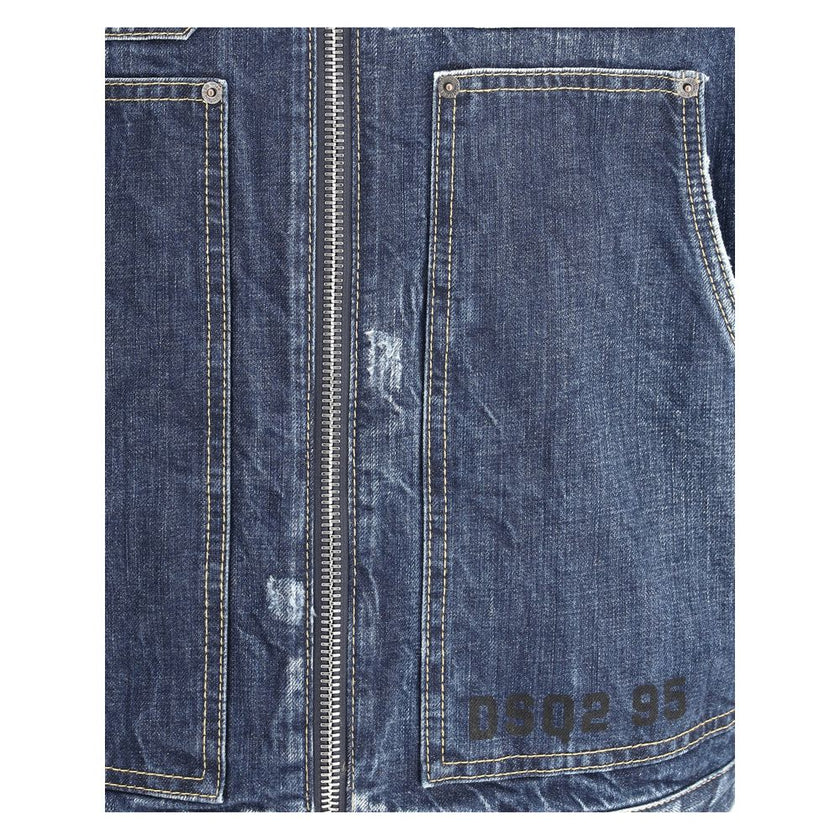 Blue Cotton Denim JacketDenim Carpenter Jean jacket from Dsquared2, classic collar, front zipper closure, two maxi patch pockets on front, two patch pockets with flap and buttons on front, worn vintage effect design, brand monogram printed on front. Seaso