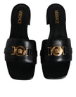 Black Leather Logo Plaque Slip On Slides Flats ShoesVERSACE Gorgeous brand new with tags, 100% Authentic VERSACE black leather logo plaque open toe slip-on style. Model: Slides slip on sandals Color: Black with gold metal detailing Material: 100% Leather