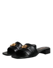 Black Leather Logo Plaque Slip On Slides Flats ShoesVERSACE Gorgeous brand new with tags, 100% Authentic VERSACE black leather logo plaque open toe slip-on style. Model: Slides slip on sandals Color: Black with gold metal detailing Material: 100% Leather