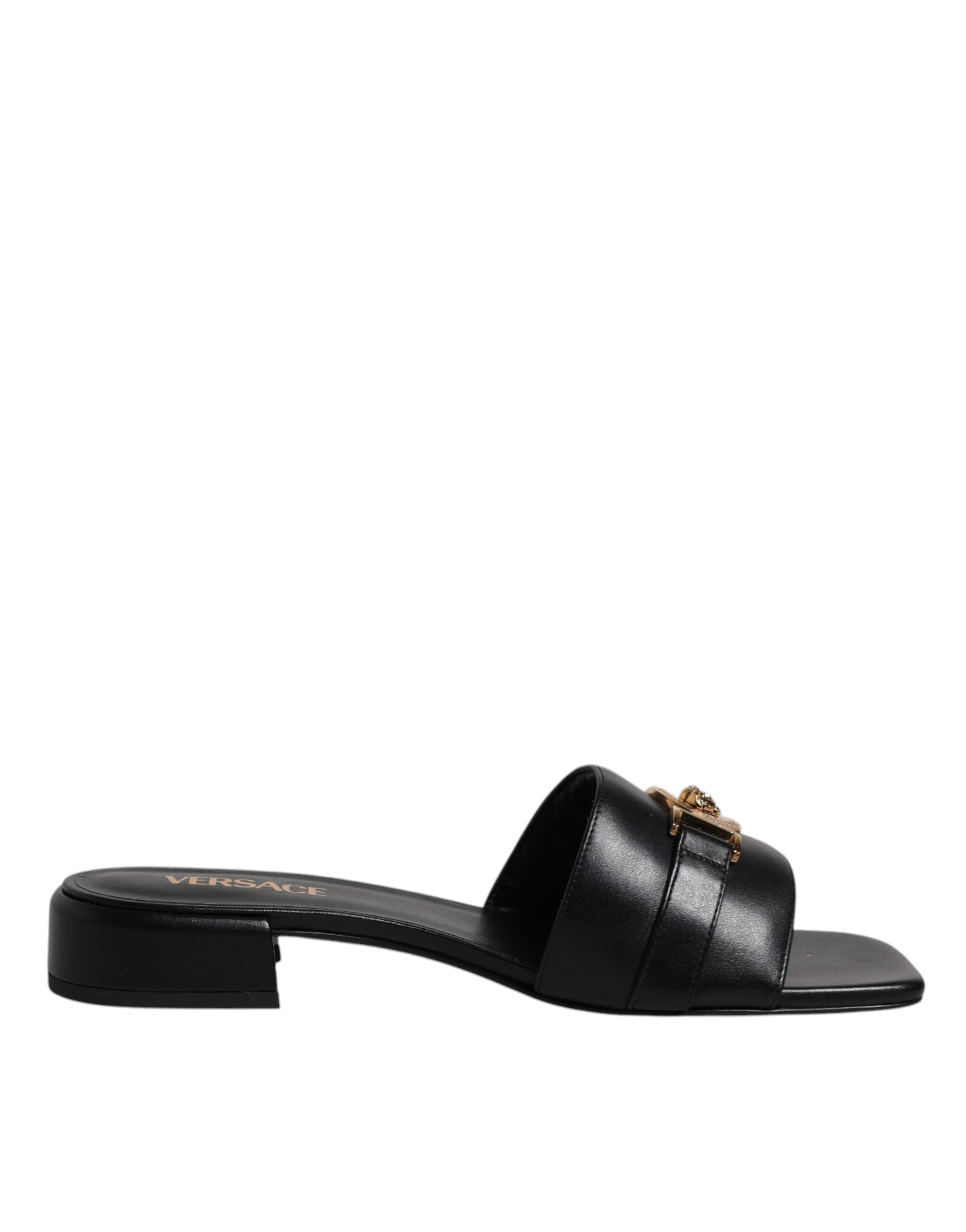 Black Leather Logo Plaque Slip On Slides Flats ShoesVERSACE Gorgeous brand new with tags, 100% Authentic VERSACE black leather logo plaque open toe slip-on style. Model: Slides slip on sandals Color: Black with gold metal detailing Material: 100% Leather