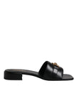 Black Leather Logo Plaque Slip On Slides Flats ShoesVERSACE Gorgeous brand new with tags, 100% Authentic VERSACE black leather logo plaque open toe slip-on style. Model: Slides slip on sandals Color: Black with gold metal detailing Material: 100% Leather