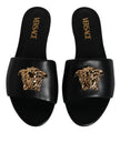 Black Leather Logo Plaque Slip On Slides Flats ShoesVERSACE Gorgeous brand new with tags, 100% Authentic VERSACE black leather logo plaque open toe slip-on style. Model: Slides slip on sandals Color: Black with gold metal detailing Material: 100% Leather