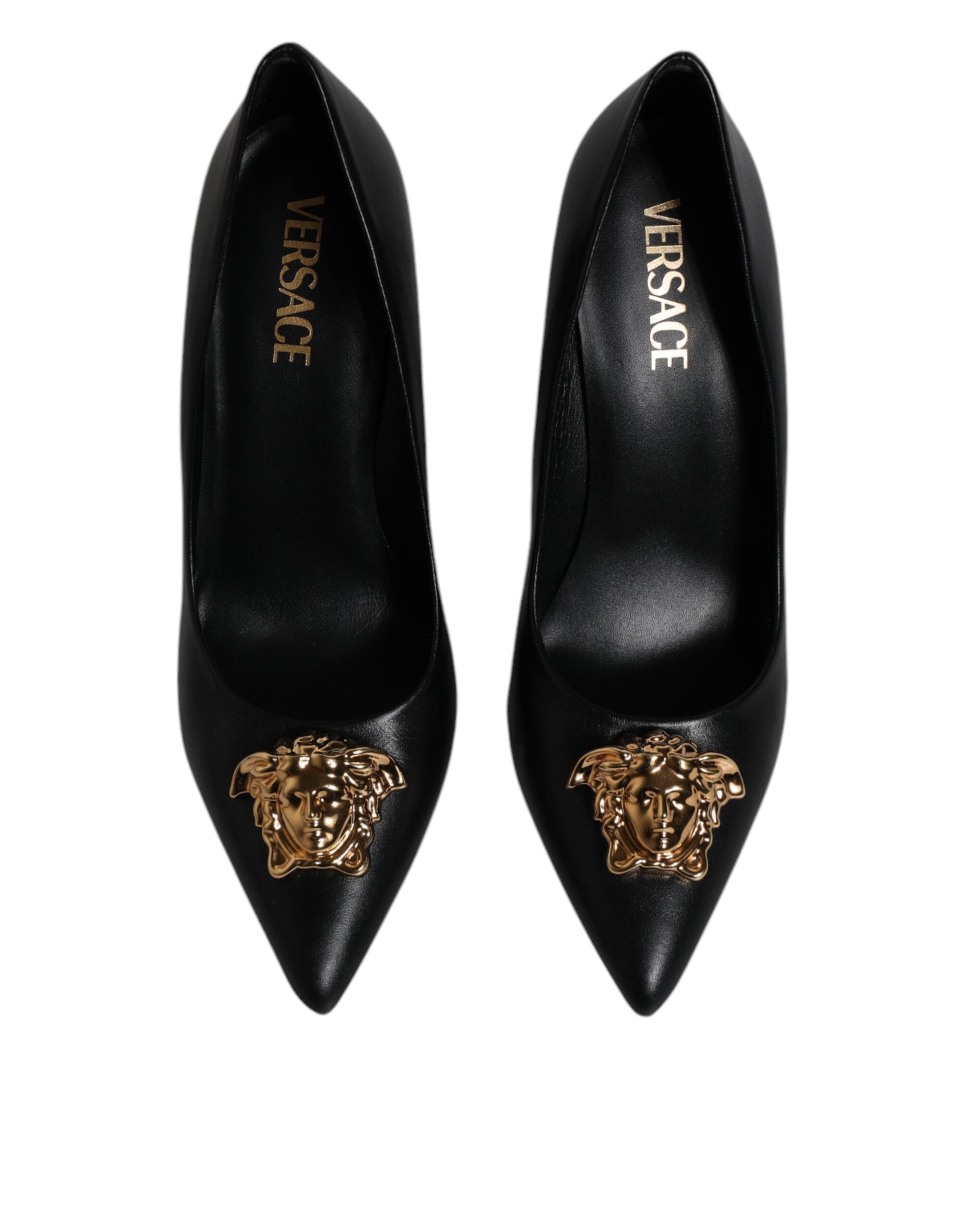 Black Leather Pumps with Logo Plaque High Heels