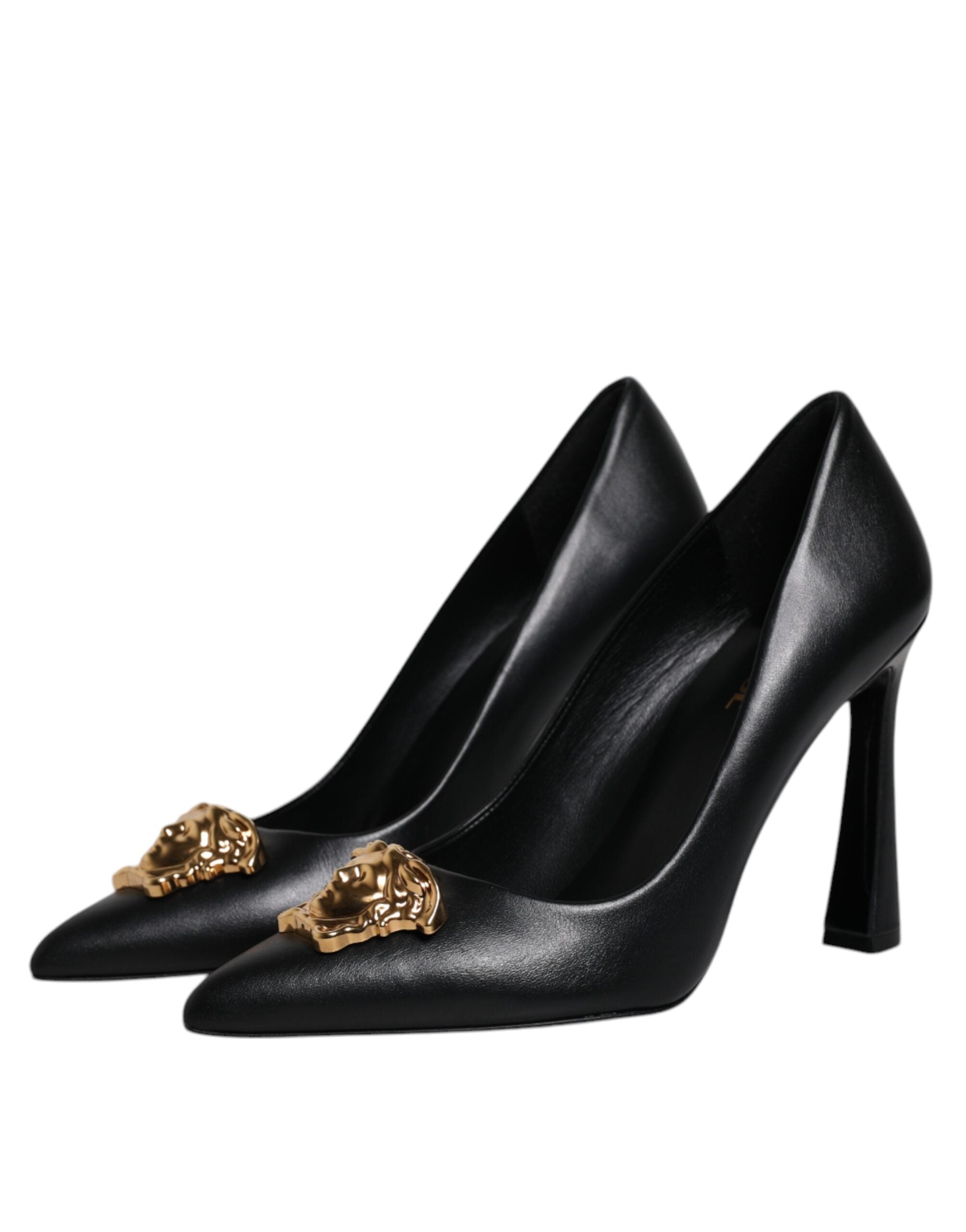Black Leather Logo Plaque High Heels Pumps ShoesVERSACE Gorgeous brand new with tags, 100% Authentic VERSACE black leather logo plaque high heels pumps. Model: Heels pumps Color: Black with gold metal detailing Material: 100% Calf Leather Leather sole Log