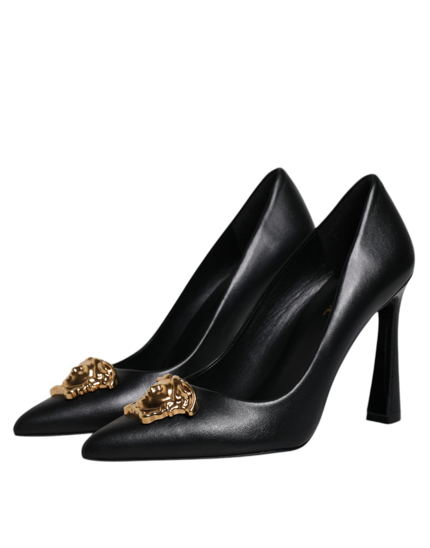 Black Leather Logo Plaque High Heels Pumps ShoesVERSACE Gorgeous brand new with tags, 100% Authentic VERSACE black leather logo plaque high heels pumps. Model: Heels pumps Color: Black with gold metal detailing Material: 100% Calf Leather Leather sole Log