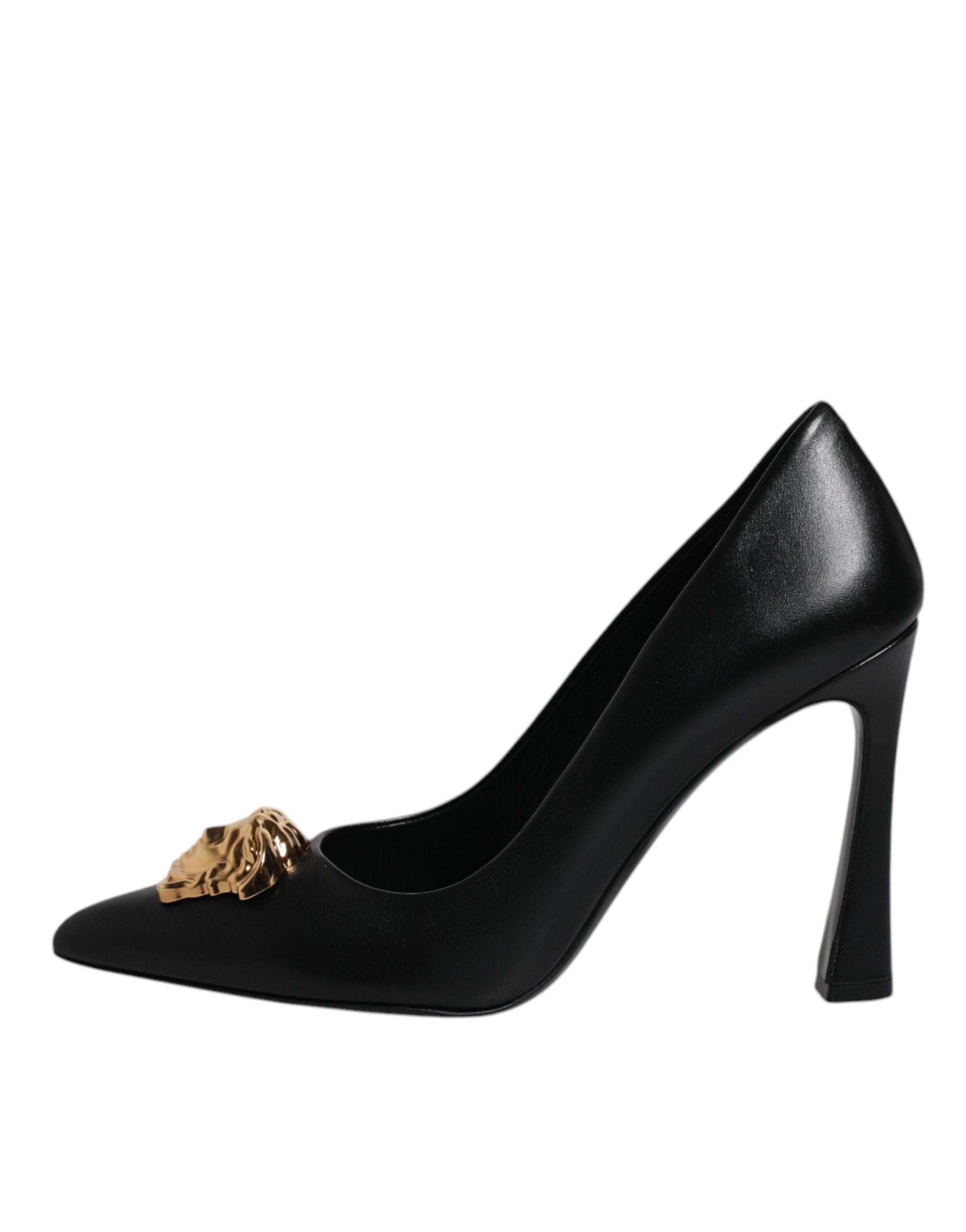 Black Leather Pumps with Logo Plaque High Heels